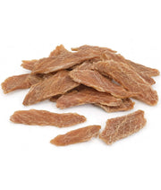 Natural dog treats made from crunchy dried chicken breast, perfect for high-protein dog snacks.