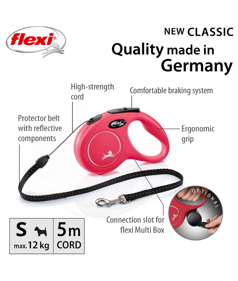 Flexi - Classic Cord Retractable Leash - 5m Cord - Small & Medium Dogs up to 20kg - Red