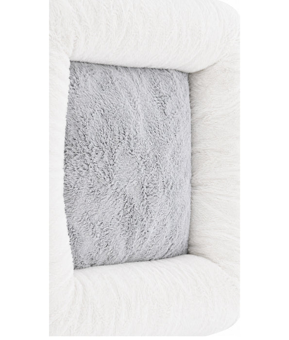 King Queen - Rectangular Dog Bed, White & Light Grey, Ultra Soft Fur Sleeping Surface, Raised Bolsters - 95 × 75 × 15 cm