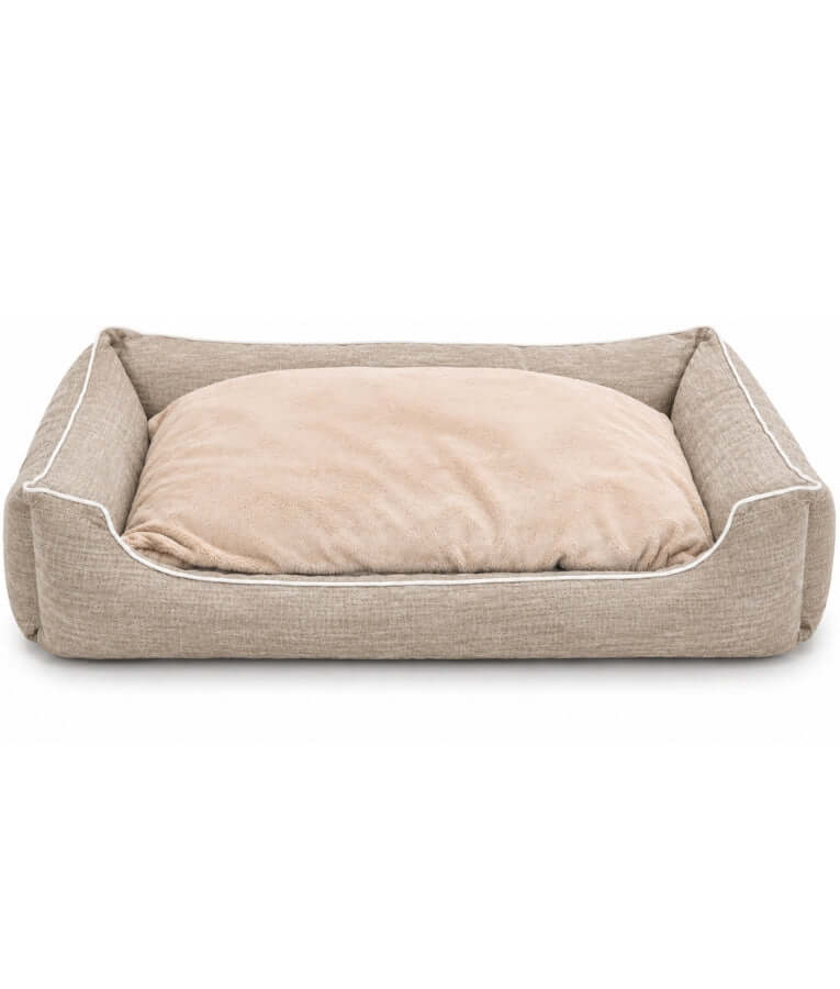 King Queen - Extra Large Rectangular Dog Bed, Greige & Peach, Plush Sleeping Cushion, Raised Bolsters - 130 × 90 × 25 cm
