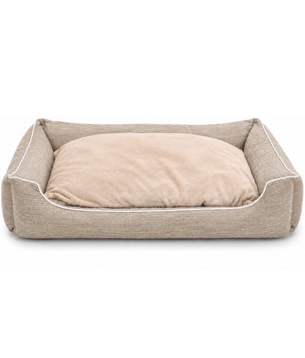 King Queen - Extra Large Rectangular Dog Bed, Greige & Peach, Plush Sleeping Cushion, Raised Bolsters - 130 × 90 × 25 cm
