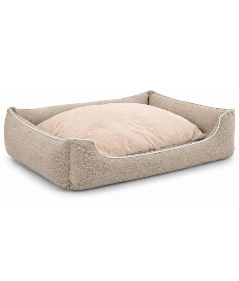 King Queen - Extra Large Rectangular Dog Bed, Greige & Peach, Plush Sleeping Cushion, Raised Bolsters - 130 × 90 × 25 cm