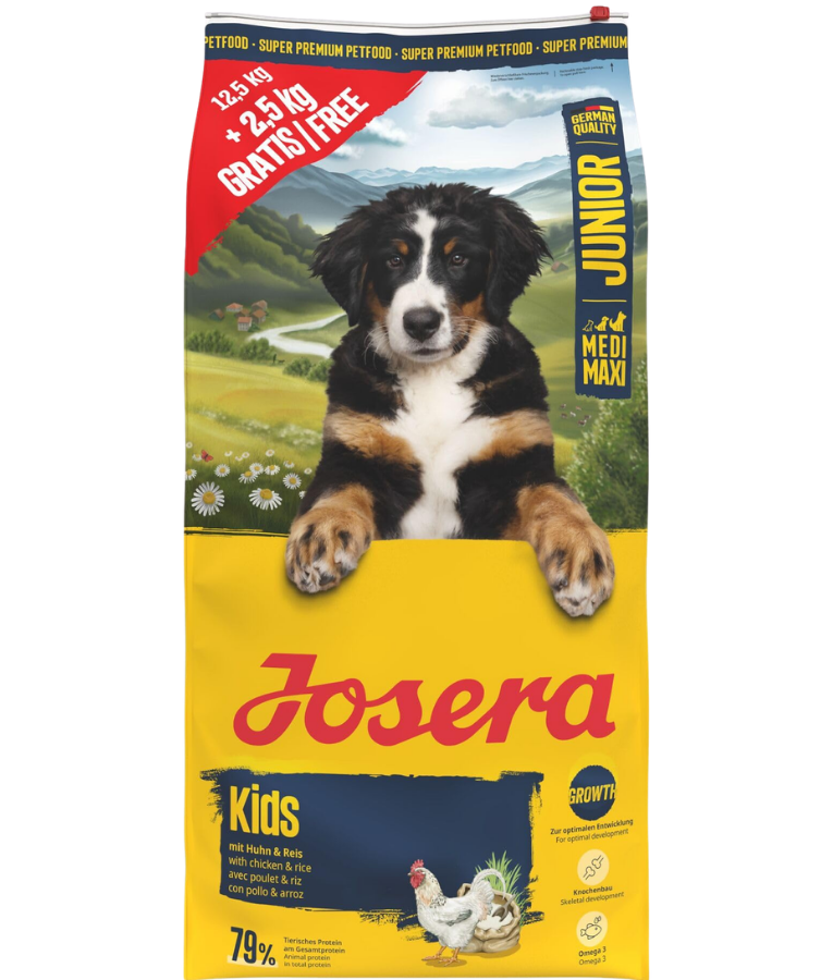 Josera - Kids, Chicken & Rice, Gluten-Free, Bone & Joint Support, Puppy, Medium & Large Breed – 12.5 + 2.5 kg FREE