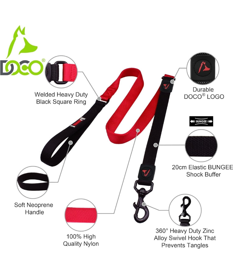Doco - Bungee Shock Absorbing Nylon Leash, Neoprene Handle, Red, For Dogs - 120cm