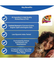 Premium cat food featuring key benefits: high-quality meat, ancient grains, low glycemic index, and tropical fruits.