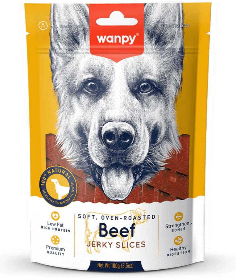 Wanpy - Baked Soft Real Beef Jerky Slices, High Protein, Low Fat, Adult All Breed Sizes Dog Treat Dry Dog Food - 100g