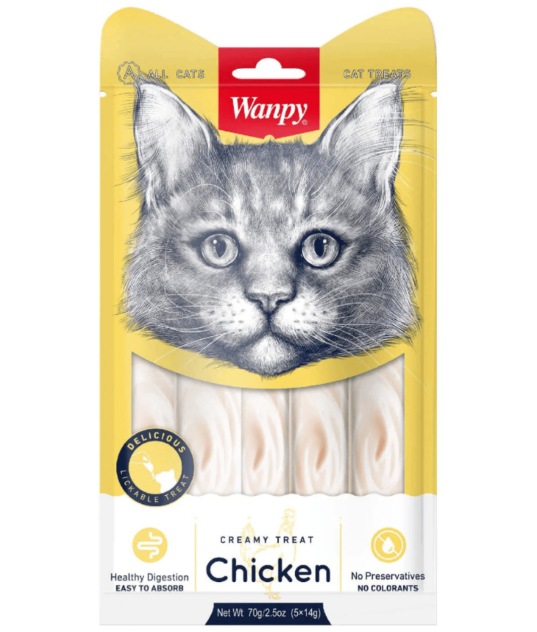 Wanpy - Creamy Lickable Chicken Cat Treat, Easy Digestion, Vitamin Enriched, All Life Stages - 70 g (5 Tubes)