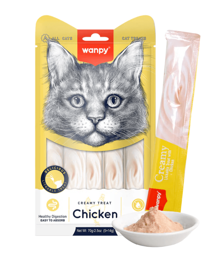 Wanpy - Creamy Lickable Chicken Cat Treat, Easy Digestion, Vitamin Enriched, All Life Stages - 70 g (5 Tubes)