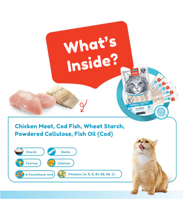 Wanpy - Creamy Lickable Codfish & Chicken Treat, Hairball Control, Adult Cat - 70 g (5 Tubes)