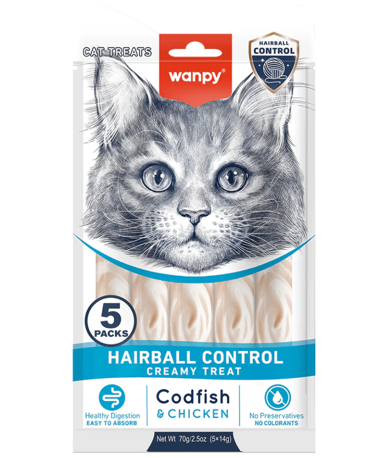 Wanpy - Creamy Lickable Codfish & Chicken Treat, Hairball Control, Adult Cat - 70 g (5 Tubes)