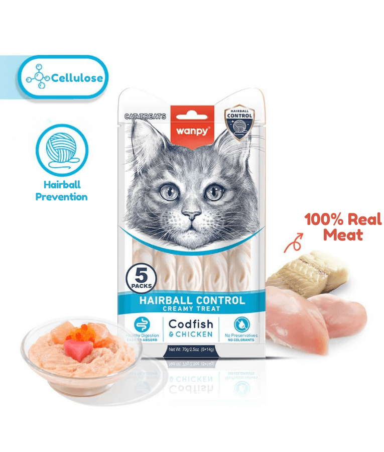 Wanpy - Creamy Lickable Codfish & Chicken Treat, Hairball Control, Adult Cat - 70 g (5 Tubes)