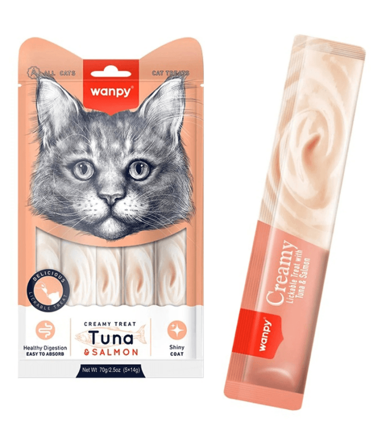 Wanpy - Creamy Lickable Tuna & Salmon Cat Treat, Easy Digestion, Vitamin Enriched, All Life Stages - 70 g (5 Tubes)