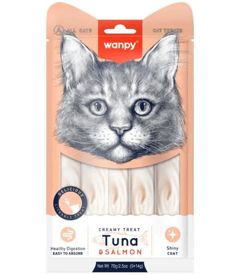 Wanpy - Creamy Lickable Tuna & Salmon Cat Treat, Easy Digestion, Vitamin Enriched, All Life Stages - 70 g (5 Tubes)