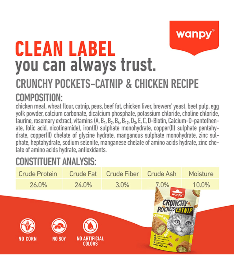 Wanpy - Crunchy Pockets Catnip & Chicken Recipe, Cat Treat, Chicken & Catnip, Dual Texture Crunchy Shell & Soft Center, All Life Stages - 60 g
