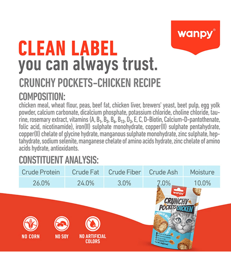 Wanpy - Crunchy Pockets Chicken Recipe, Cat Treat, Chicken, Dual Texture Crunchy Shell & Soft Center, All Life Stages - 60 g