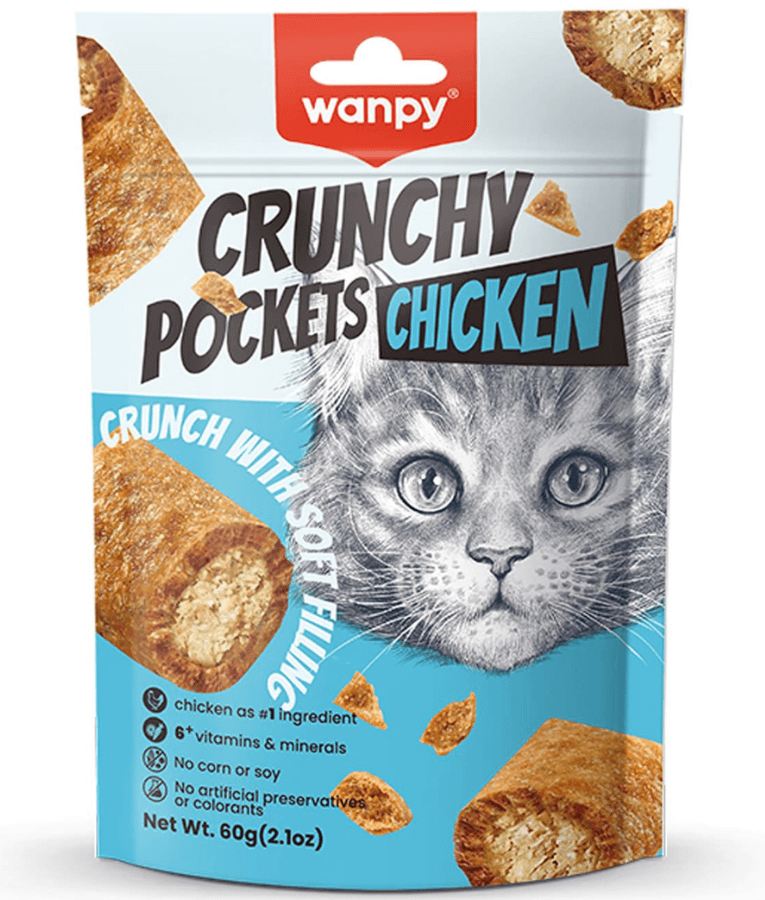 Wanpy - Crunchy Pockets Chicken Recipe, Cat Treat, Chicken, Dual Texture Crunchy Shell & Soft Center, All Life Stages - 60 g
