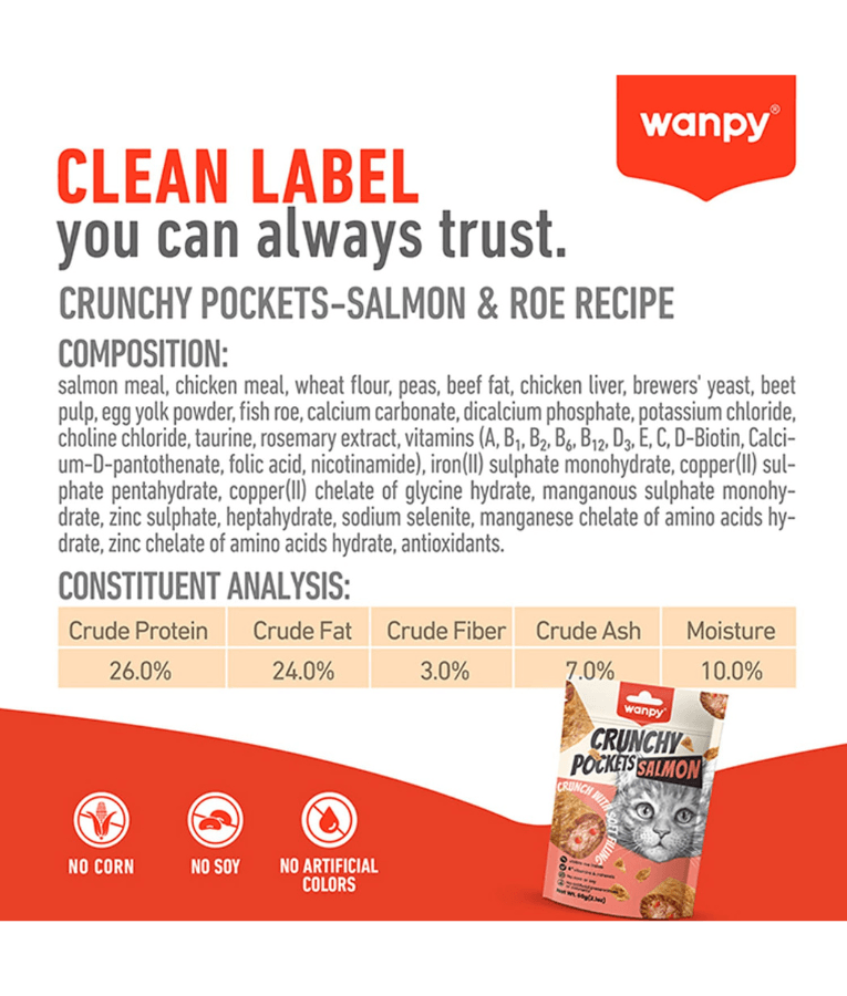Wanpy - Crunchy Pockets Salmon & Roe Recipe, Cat Treat, Salmon & Fish Roe, Double Texture Treat, All Life Stages - 60 g
