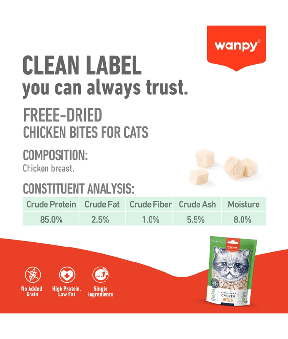 Wanpy - Freeze Dried Chicken Bites, Cat Treats, 100% Chicken, High Protein, All Life Stages - 20 g