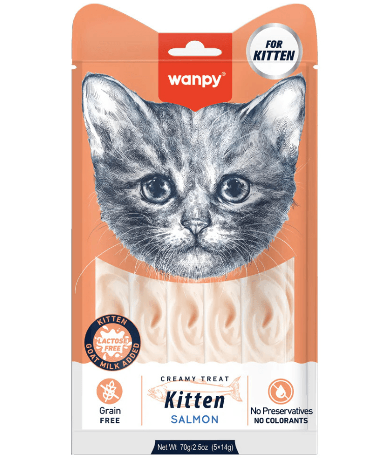 Wanpy - Creamy Lickable Salmon & Tuna Kitten Treat, Digestive Support, Skin & Coat - 70 g (5 Tubes)