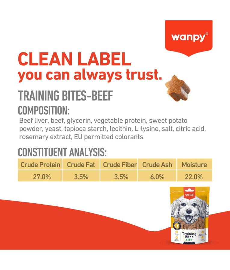 Wanpy - Training Bites Beef, High Protein, Low Fat, Soft Chewy, All Life Stages, All Breed Sizes - 100 g