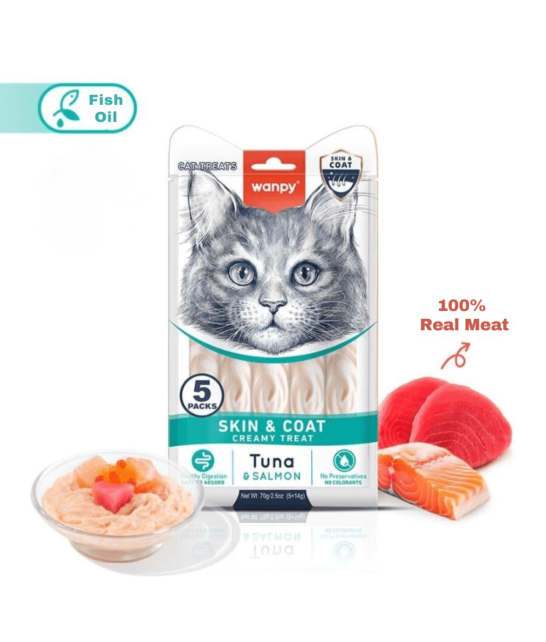 Wanpy - Tuna & Salmon Creamy Lickable Treat, Skin & Coat , Adult Cat - 70 g (5 Tubes)