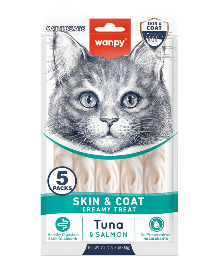Wanpy - Tuna & Salmon Creamy Lickable Treat, Skin & Coat , Adult Cat - 70 g (5 Tubes)