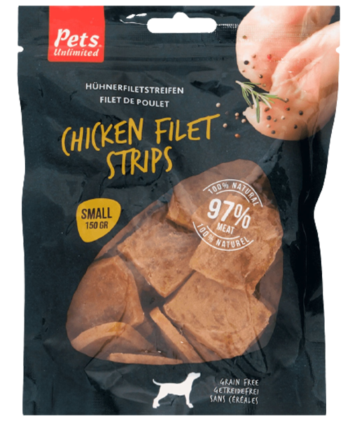 Pets Unlimited Small snack strips chicken fillets for adult dogs Grain Free container 150 g Best For Your Friend